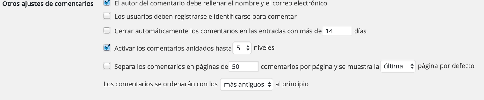 Otros ajustes de comentarios